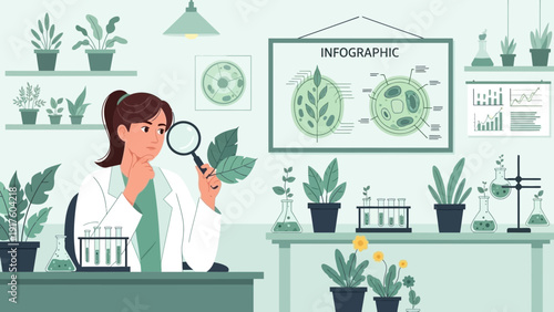 Botanist Examining Plant Leaf with Magnifying Glass in Laboratory.