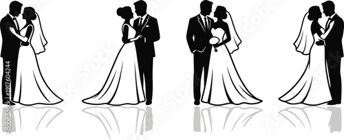 Elegant black and white silhouettes of loving wedding couples sharing tender romantic moments