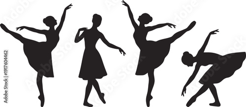Elegant ballet dancer silhouettes performing various graceful poses in a classic dance recital