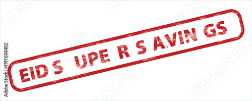 Eid Super Savings red grunge rubber stamp vector illustration isolated on transparent background. Distressed texture effect with bold uppercase text inside a rounded rectangular border.