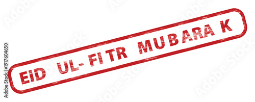 Eid Ul-Fitr Mubarak K red grunge rubber stamp vector illustration, isolated on transparent background. Distressed texture with bold uppercase text inside a rounded rectangular border.