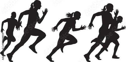 Silhouettes of people running in different dynamic poses together