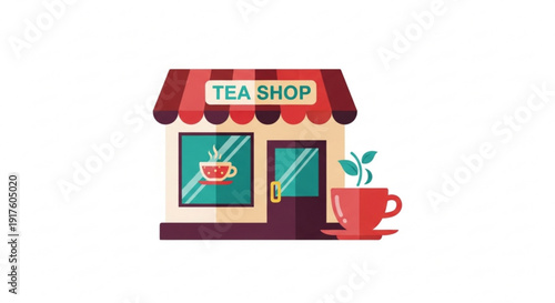 Cozy tea shop storefront with red awning and cup of tea on a saucer outside inviting atmosphere for relaxation and socializing