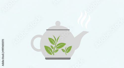 Steaming tea kettle with green leaves on a light blue background for a soothing beverage concept
