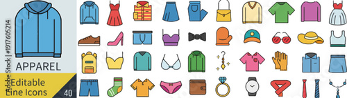 Collection of various clothing items and accessories displayed together in a colorful graphic illustration