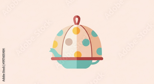 Colorful birdcage with a small bird trying to escape covered in polka dots on a beige background