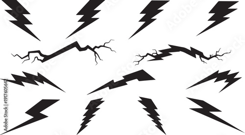 Collection of black lightning bolt icons on white background