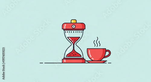 Vibrant red hourglass with coffee cup on saucer against light blue background symbolizing time and productivity