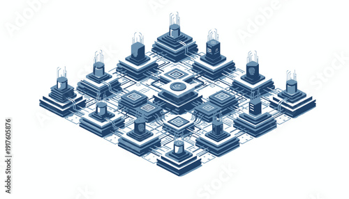 3D illustration of a microchip with interconnected components and circuitry.