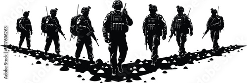 Military soldiers silhouette walking in formation on rocky terrain carrying tactical gear backpacks and rifles during a combat mission for army defense security operation.vvv