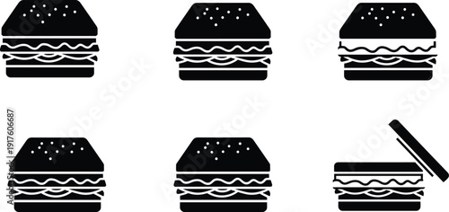 Burger silhouettes set, hamburger icon collection, fast food symbols, cheeseburger illustration, black vector design isolated on white background