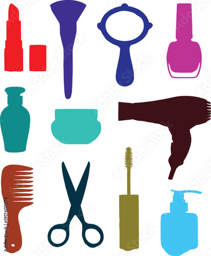 Cosmetics Essentials: A colorful collection of beauty and grooming essentials, artfully arranged to showcase the tools and products needed for a perfect look. 