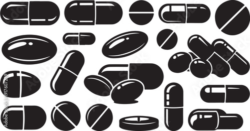 Black and white illustration of various pills and capsules