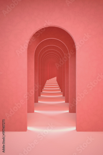 Abstract pink surreal 3d render. Arch corridor pastel pink background.