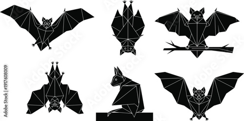 Low poly bat silhouettes set, geometric flying bats collection, polygon animal shapes, halloween design elements, abstract vector illustration isolated