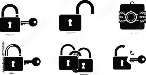 Security lock icons set, padlock symbols, key access protection, cybersecurity concept, safe vault illustration, password privacy, digital security, vector style