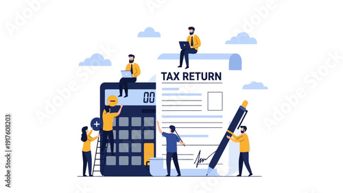 People working on tax return form surrounded by calculators and clouds