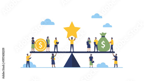 People Balance Objects on Seesaw with Coin Star Moneybag Harmony