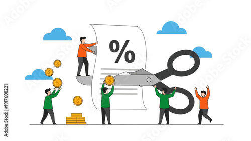 People Collaborating to Cut Paper with Percentage Sign