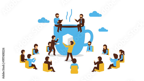 Vibrant Cartoon Scene Around Large Blue Coffee Cup