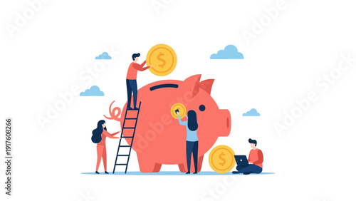 People Interact with Piggy Bank in Whimsical Scene