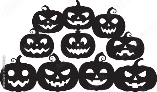 Collection of spooky carved jack-o-lanterns for Halloween decoration