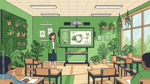 Engaging classroom environment with a teacher presenting a lesson.