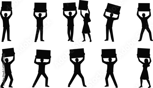 Professional black vector silhouette set featuring diverse protesters and activists holding blank placards and protest signs in various standing poses for social justice concepts.