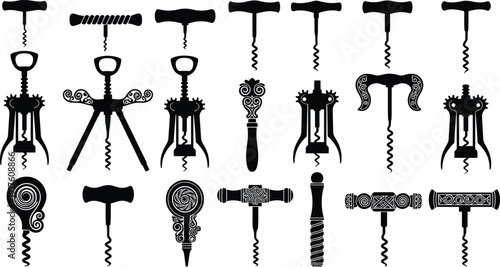Professional black vector silhouette set featuring diverse vintage corkscrew designs including T-handle, wing, and ornate antique styles for wine opening and kitchen tool illustrations.