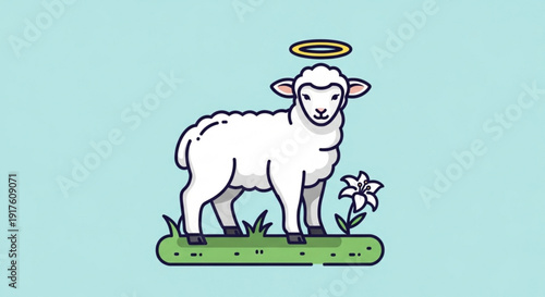 Cute white lamb with golden halo standing on green grass with flower symbolizing innocence and purity in a serene natural setting