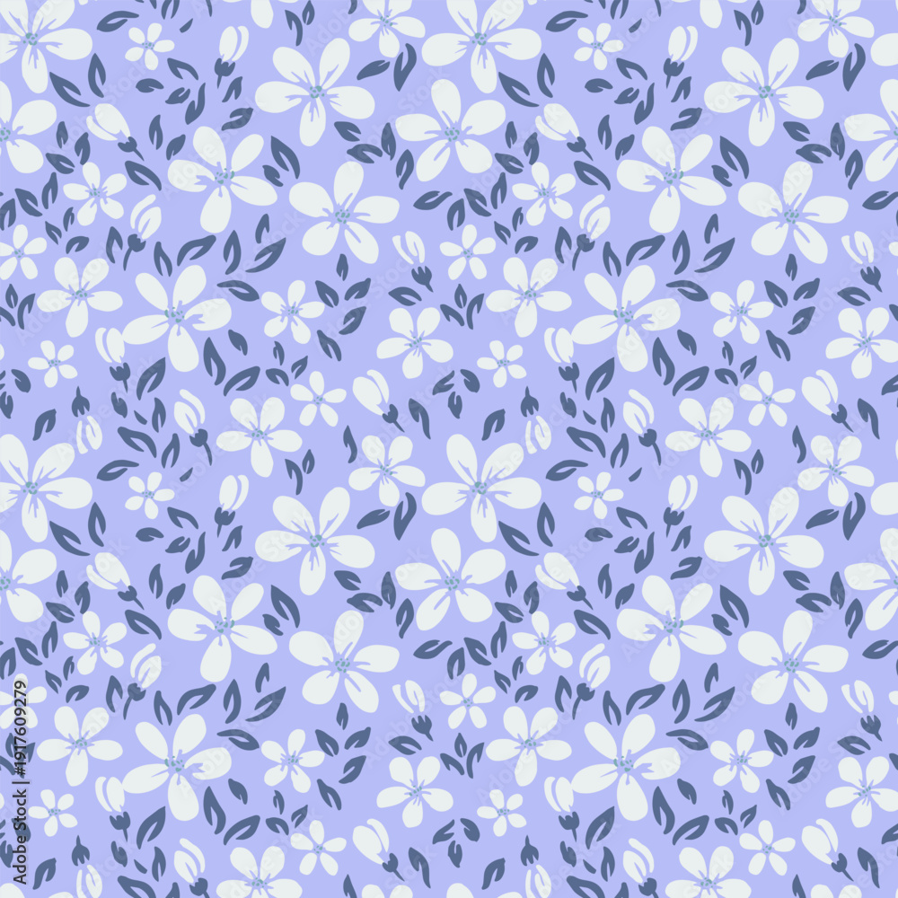 Fototapeta premium Seamless vector floral pattern with light purple flowers and dark leaves on lavender background. Cute minimal botanical design, perfect for fabric, wallpaper, wrapping paper and textile prints