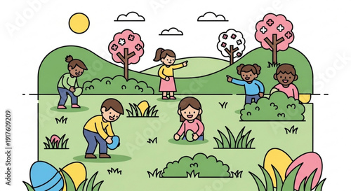 Children playing outside on a sunny day kids searching for easter eggs in a green field with colorful trees and hills