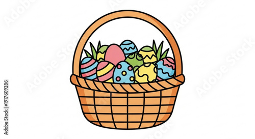 Colorful easter eggs in a wicker basket on white background symbolizing springtime and holiday celebrations