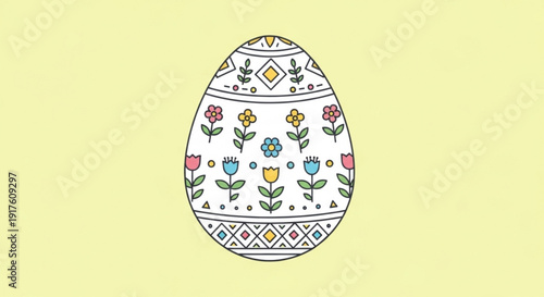 Decorated easter egg with colorful floral patterns on a pale yellow background symbolizing spring and holiday cheer