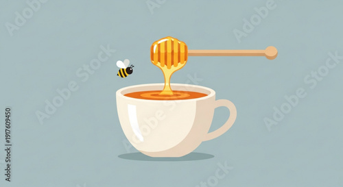Honey dripping from dipper into cup of tea with flying bee sweetener concept