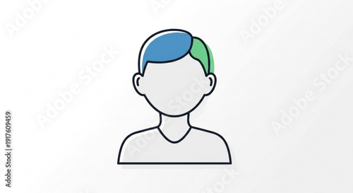 Colorful minimalist illustration of a person with blue and green hair against a white background symbolizing diversity and creativity in a simple modern style