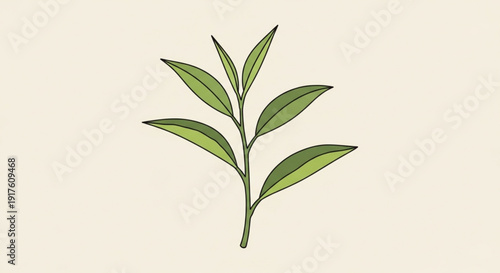 A single green plant stem with multiple leaves on a beige background symbolizing nature and growth