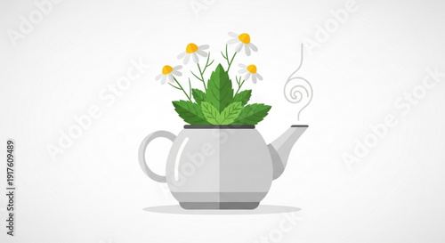 Herbal tea concept with green leaves and white flowers in a teapot symbolizing healthy lifestyle and wellness