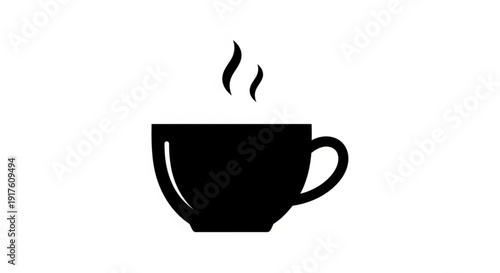 Steaming hot cup with handle black silhouette on white background symbolizing morning coffee or tea