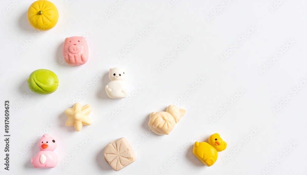 Obraz premium Minimalist flat lay image featuring various cute colorful confectionery wagashi or marzipan treats delightful animal shapes and small fruits on a clean bright white surface studio shot overhead view