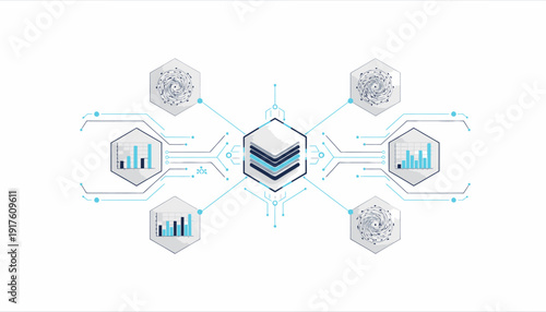 Data visualization and analytics with interconnected graphs and charts.