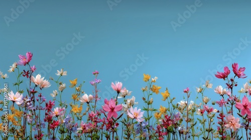 Conjunto de flores de primavera sobre fondo liso azul