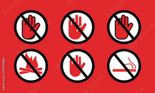 No Hands Fire Flames Camp Smoke Cigarette Prohibition Red Circle Signs Vector Icons