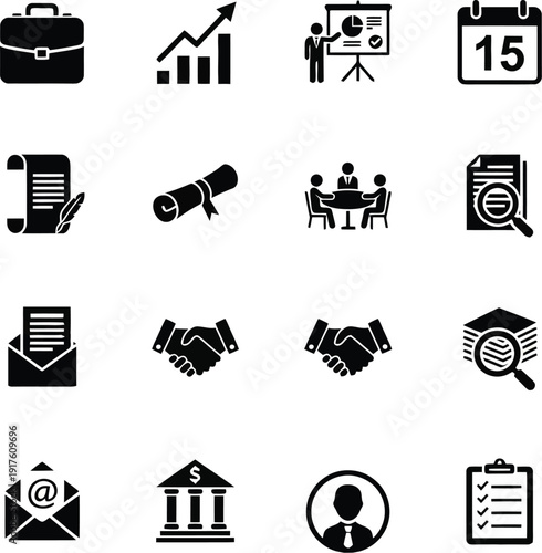 Professional black solid icon collection in clean minimalist style. Isolated on white background and fully editable in EPS format. Ideal for UI design, mobile applications, websites, dashboards, prese