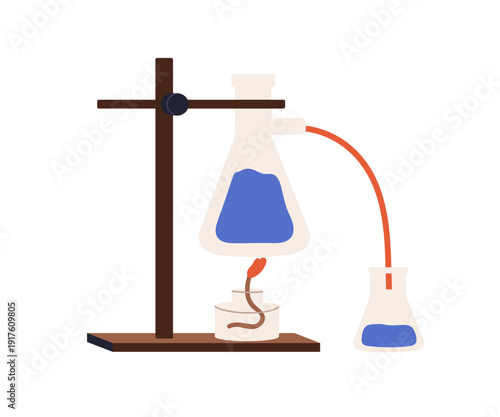 Lab experiment setup. Laboratory chemistry, scientific glassware. Science equ...