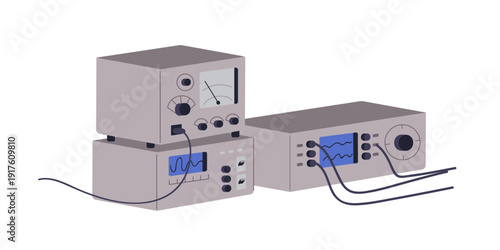 Electronics equipment. Physics laboratory devices. Electrical lab instruments for measurement, scientific research. Technical tools, appliances. Flat vector illustration isolated on white background