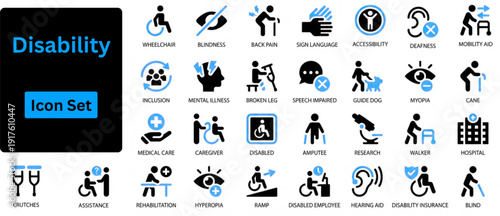 Disability solid icon set contains wheelchair user, guide dog, injured, injury, listen, hearing aid and more. Solid icons set. 