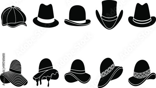 Men and women headwear collection, classic fedora, cowboy, sun hats, bowler, and elegant summer millinery silhouettes for fashion design,