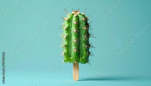   
Surreal cactus shaped like popsicle on wooden stick against light blue background.
