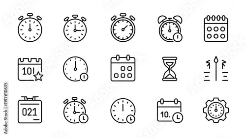 Set of modern line style time and calendar icons for business productivity